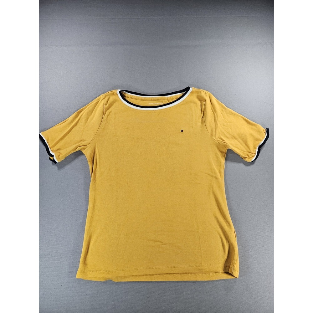 Tommy Hilfiger Womens L Ringer T-Shirt Mustard Yellow Contrast Trim Short Sleeve